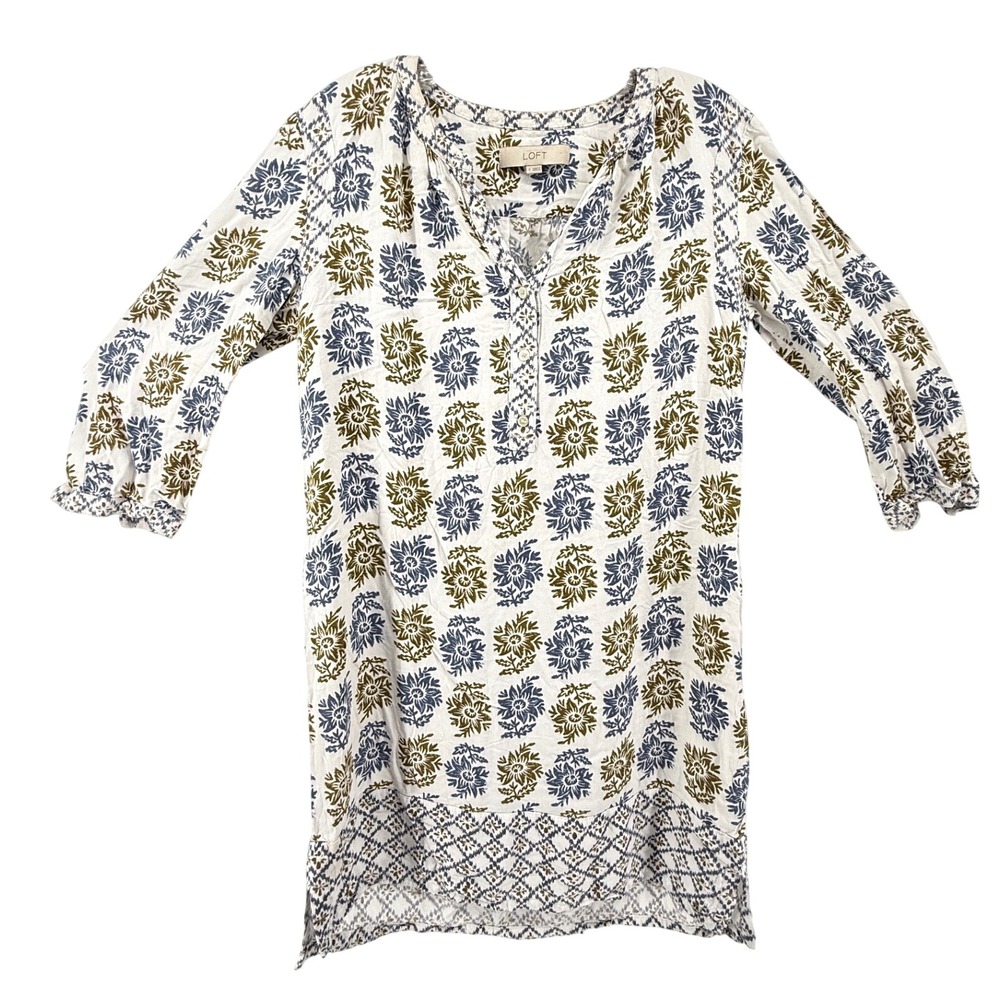 Loft Women Blue Olive Green Floral Block Print Henley Tunic Top Size S